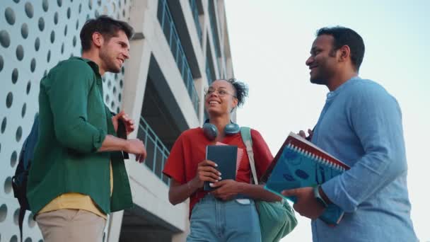 Lachende Multiculturele Studenten Discussiëren Studeren Buitenlucht — Stockvideo