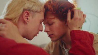 Evdeki kanepede boyalı saçlarıyla sarılan rahat eşcinsel çiftin yan görüntüsü.
