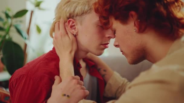 Concentrado Jovem Gay Casal Com Tingido Cabelo Abraçando Com Fechado — Vídeo de Stock