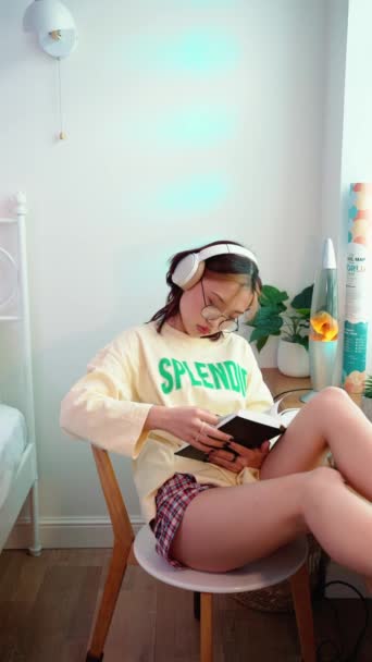 Positivo Giovane Donna Asiatica Occhiali Ascoltare Musica Cuffia Leggere Libro — Video Stock