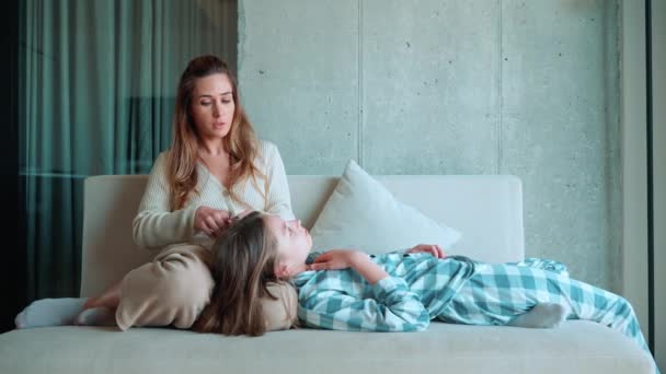 Handsome Mom Stroking Her Daughters Head Talking Couch Home — Stock Video