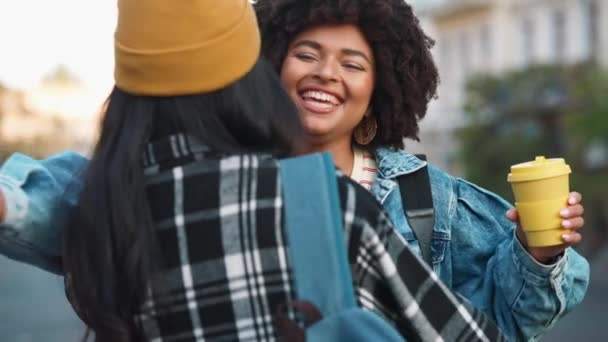Vue Arrière Deux Joyeuses Étudiantes Multiculturelles Embrassant Quand Elles Rencontrent — Video