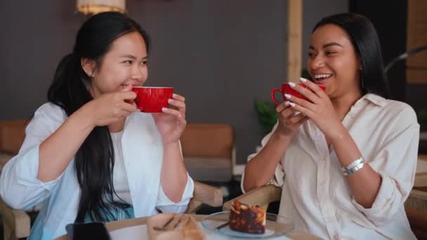 Laughing Multicultural Female Friends Meeting Cup Coffee Cafe — 图库视频影像
