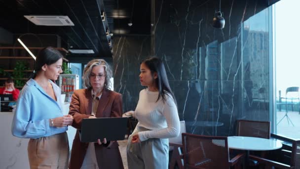 Femei Afaceri Multinaționale Drăguțe Discutând Planurile Lucru Tastând Laptop Cafenea — Videoclip de stoc