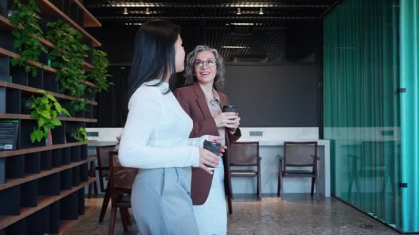 Positivo Dos Empresarias Multinacionales Hablando Coffee Break Caminando Cafetería — Vídeo de stock