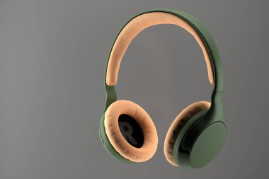 Dark green wireless headphones with light leather elements, concept. 3D illustration