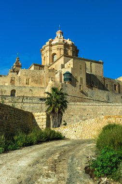Mdina, Silent City in Malta. Cathedral and limestone city walls.