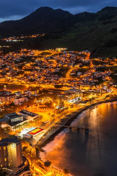 Nocny Pejzaż Miasta Machico Madera Portugalia Wyspa Oceanie Atlantyckim — Zdjęcie stockowe