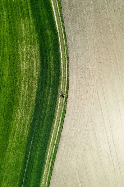 男は自転車の谷のフィールドに乗りました 空中ドローンビュー — ストック写真