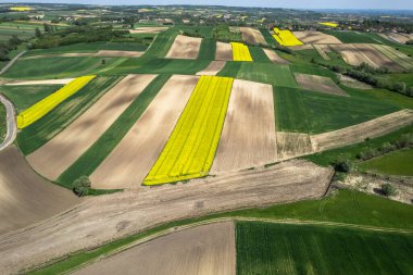 Renkli Tarım Alanı ve Manzaralı Kırsal Bölge. Hava Aracı görünümü