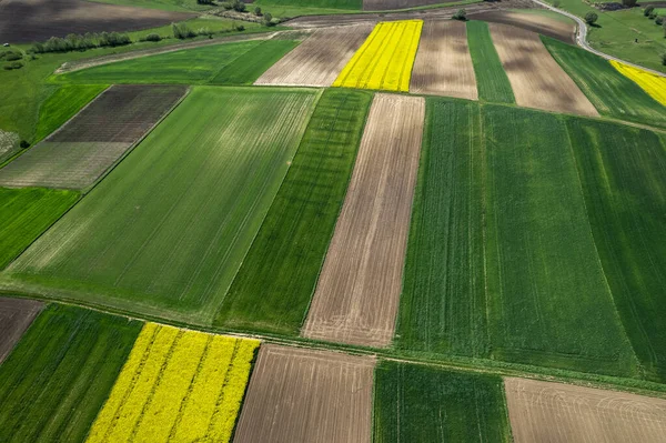 カラフルな農地と風景の田園地帯 空中ドローンビュー — ストック写真