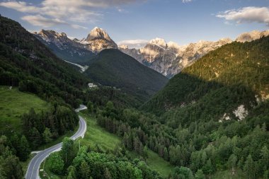 Predil Geçidi, İtalya ve Slovenya 'da yeşil ormanlı bir dağ manzarası. Hava aracı görünümü