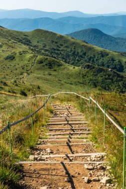 Yazın Bieszczady Dağları 'nda, Karpatlar' da, Polonya 'da vahşi doğada ve manzaralı doğada gezintiye çıkmak.