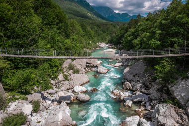 Slovenya 'da Alp manzarası ve zümrüt yeşili Soca nehri