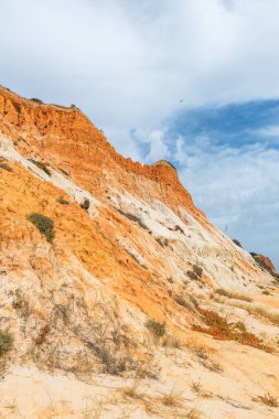 Güneşli bir günde Portekiz, Algrave 'deki kumlu sahilde kızıl kayalıklar