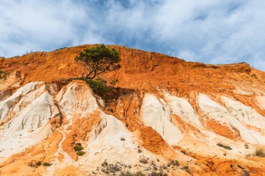 Güneşli bir günde Portekiz, Algrave 'deki kumlu sahilde kızıl kayalıklar