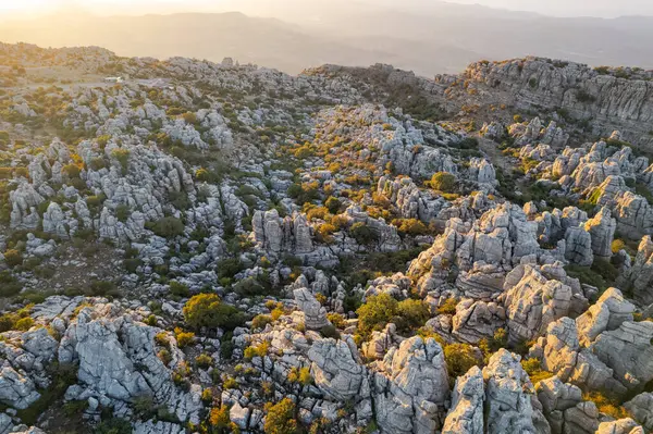 Unreal rock formation and landscape of Torcal de Antequera in Malaga, Andalusia, Spain. Aerial drone View