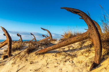 Praia do Barril sahilindeki Anchor Mezarlığı 'nın sahilindeki paslı eski çapalar Tavira, Algarve, Portekiz