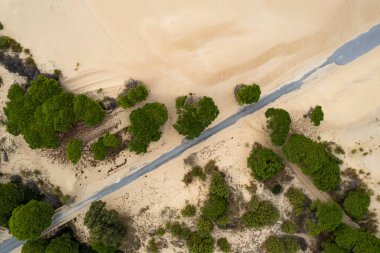 Duna de Valdevaqueros 'un (Valdevaqueros Dune) Tarifa, İspanya' daki beyaz kum tepelerinin insansız hava aracı görüntüsü.