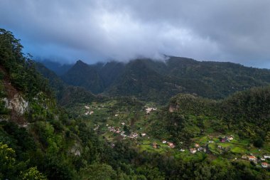 Madeira Adası manzarası, tepelerdeki küçük köy ve yeşil yemyeşil orman. Hava aracı görüntüsü. Portekiz seyahati.