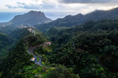 Madeira Adası manzarası, tepelerdeki küçük köy ve yeşil yemyeşil orman. Hava aracı görüntüsü. Portekiz seyahati.