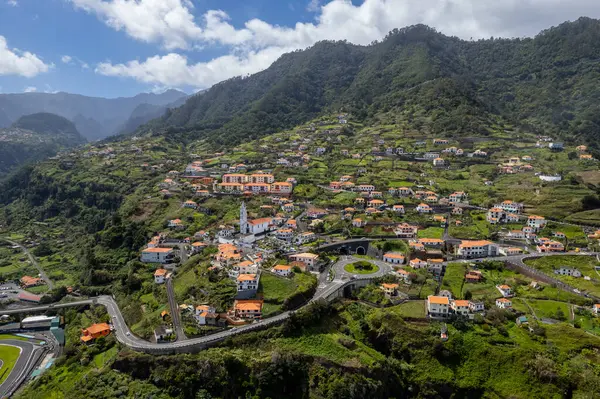 Stadsgezicht Van Het Dorpje Faial Madeira Portugal Luchtdrone Zicht Stockfoto