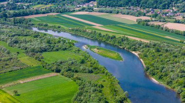 Dunajec nehri Tarnow yakınlarındaki Küçük Polonya 'nın pitoresk manzarasında kıvrılır. Aeral dron görünümü.
