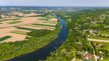 Dunajec nehri Tarnow yakınlarındaki Küçük Polonya 'nın pitoresk manzarasında kıvrılır. Aeral dron görünümü.