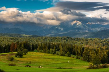 Polonya 'nın Lapszanka, Podhale bölgesindeki Yüksek Tatralar üzerine panoramik görüş