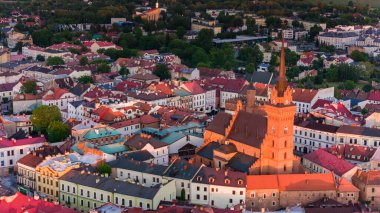 Aerial drone view of Tarnow townscape , Poland. Cathedral church of  of Holy Family and Market Square Town Hall. clipart