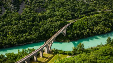 Aerial Perspective: Solkan Rail Stone Bridge Over River Soca, Slovenia clipart