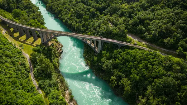 stock image Drone Capture of Solkan Rail Bridge Across River Soca in Slovenia