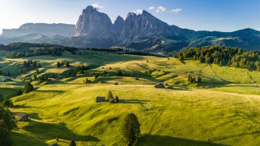 Alpe di Siusi Meadows 'da Altın Gün Doğumu, Dolomitler Dağları, İtalya.