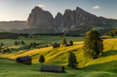 İtalya 'da Alpe di Siusi' deki Rolling Pasture Hills 'te Gün Doğumu