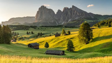 Alpe di Siusi 'deki Alp Çayırları Panoramik Gün Doğumu Manzarası, Dolomitler