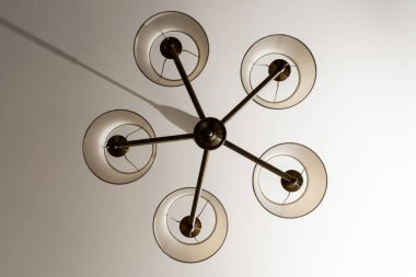 Birkaç lambadan oluşan yuvarlak bir avize. Açık tavan, tam çerçeve, alt manzara.