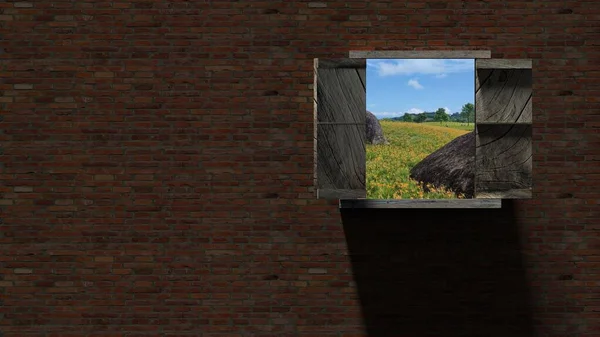 从砖墙窗户往外看美丽风景的3D渲染 — 图库照片
