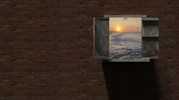 Rendering Guardare Fuori Bellissimo Paesaggio Attraverso Finestra Del Muro Mattoni — Foto Stock