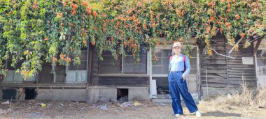 Pyrostegia venustası çiçekleri ve Tayvan, Yunlin 'deki eski ev