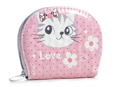 Beyaz arka plan izolasyonunda bozuk paraları olan pembe cüzdanlar.