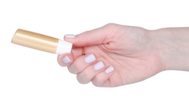 Beyaz arka plan izolasyonunda elinde hijyenik ruj izi var.