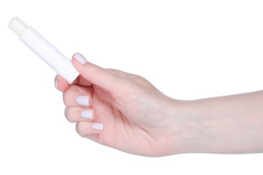 Beyaz arka plan izolasyonunda elinde hijyenik ruj izi var.