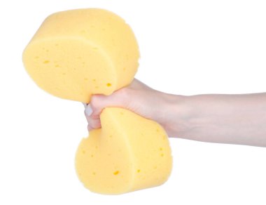 Beyaz arka plan izolasyonunda büyük sarı çamaşır süngeri.