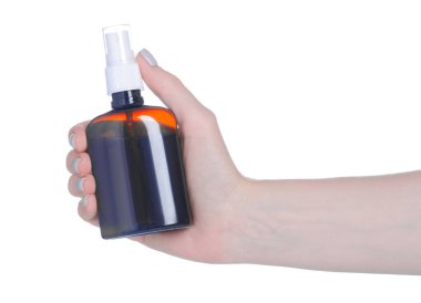 Beyaz arka plan izolasyonunda el antiseptiği için antibakteriyel sprey.