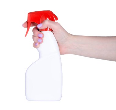 Beyaz arka plan izolasyonunda elde şişe temizleme spreyi