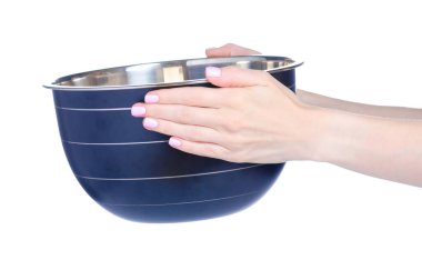 Paslanmaz çelik kase beyaz arka plan izolasyonunda.