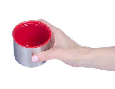 Metal gümüş termos beyaz arka plan izolasyonunda