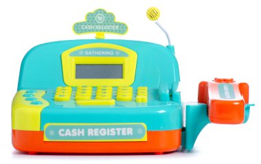 Çocuk oyuncağı yazar kasası beyaz arka plan izolasyonu