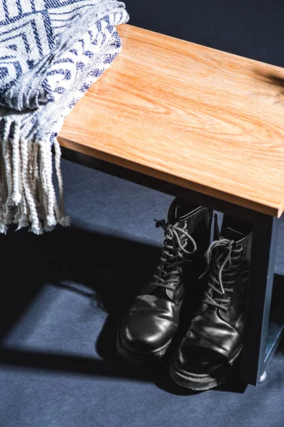 Interior Home Decor Concept Close Blanket Bench Lace Boots Dark — Stok fotoğraf
