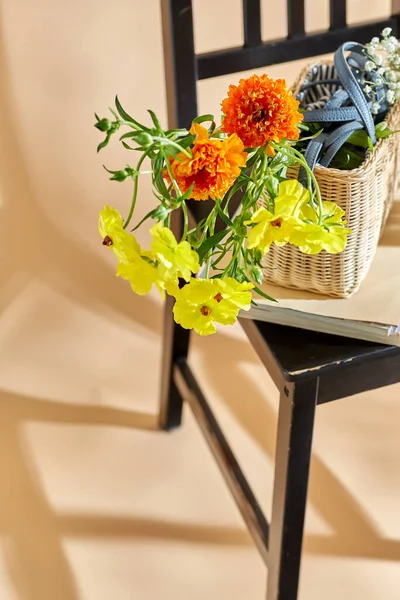 Home Decor Design Concept Close Flowers Basket Magazines Vintage Chair — стоковое фото